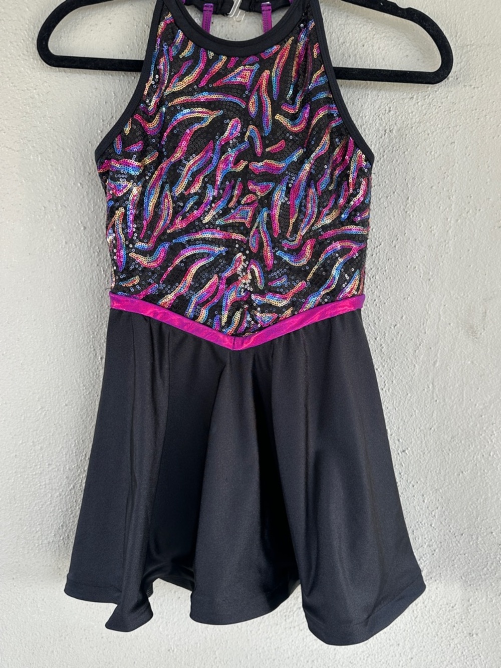 Black Sequin Halter Mini Dress with Pink Trim